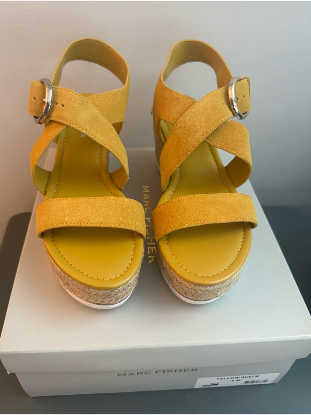 Marc Fisher Yellow Suede Espadrille Wedge Sandals